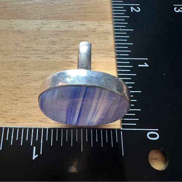 New Blue Banded Agate Stone Crystal Silver Overlay Ring Size 6.75 - Picture 8 of 8